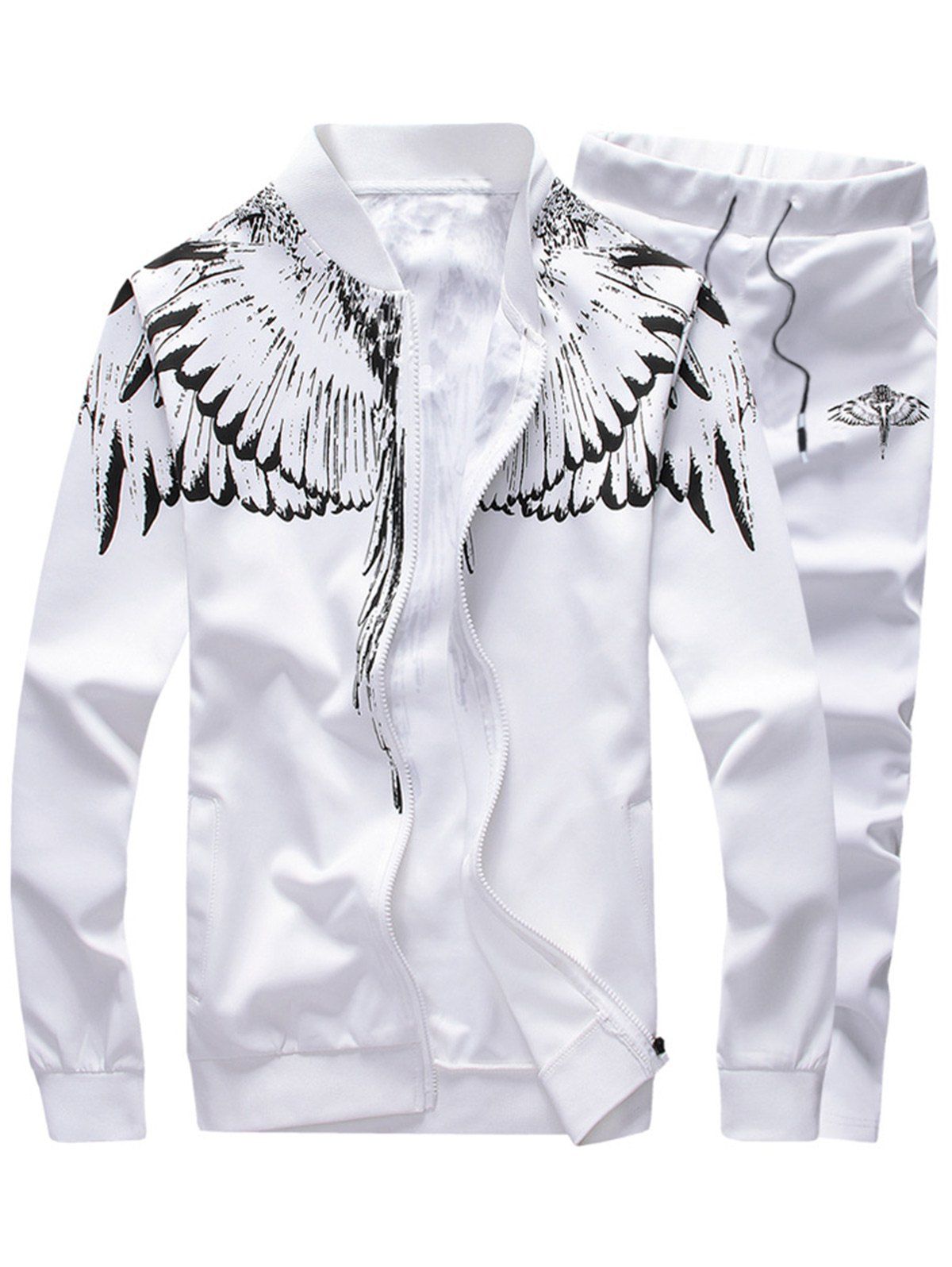 

Wings Print Stand Collar Zip Up Jacket and Pants Twinset, White