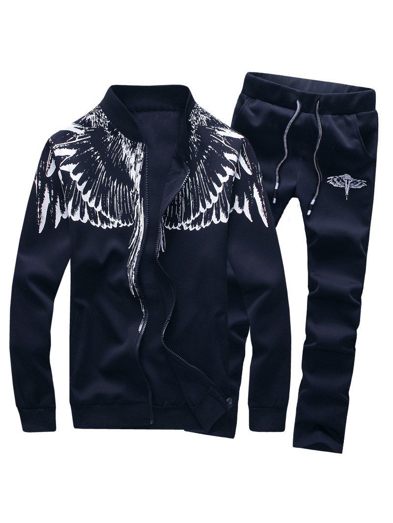 

Wings Print Stand Collar Zip Up Jacket and Pants Twinset, Deep blue
