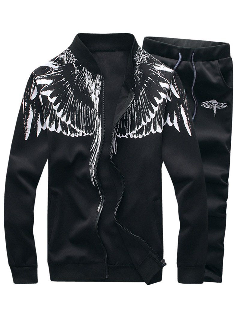 

Wings Print Stand Collar Zip Up Jacket and Pants Twinset, Black