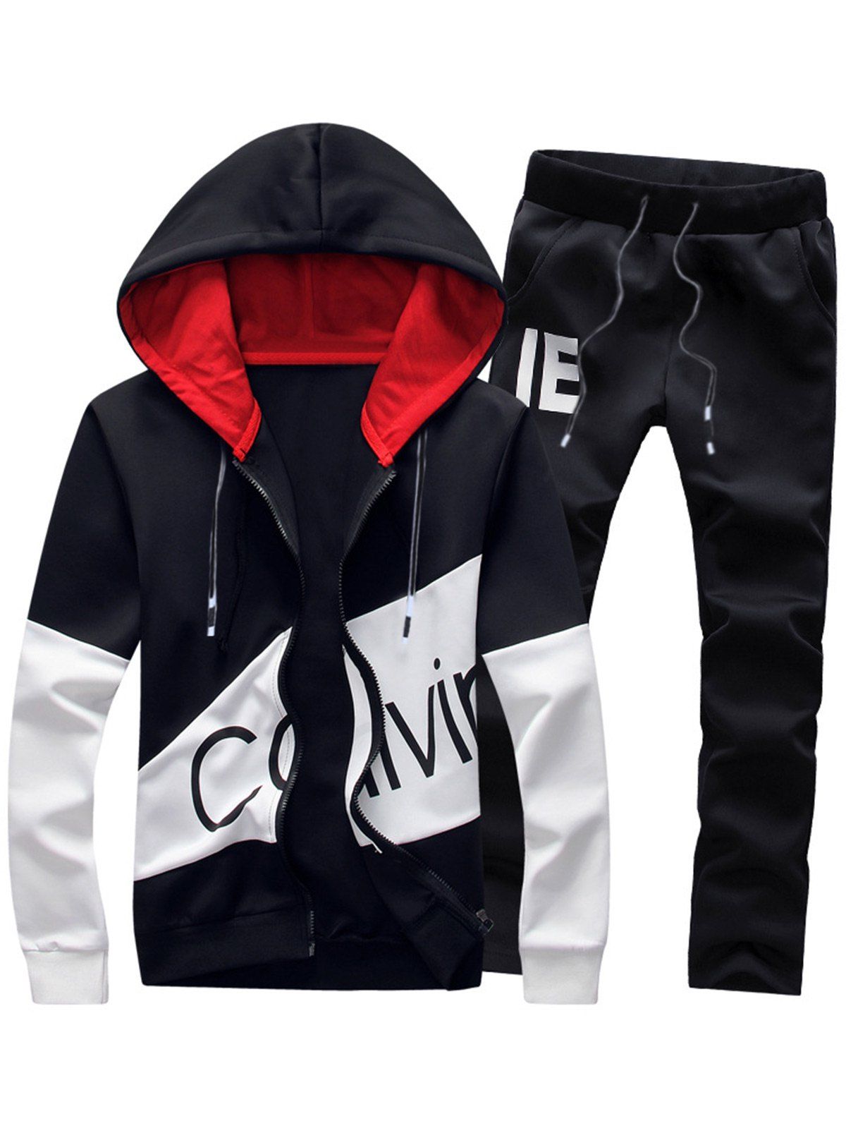 

Color Block Graphic Print Hoodie and Pants Twinset, Black