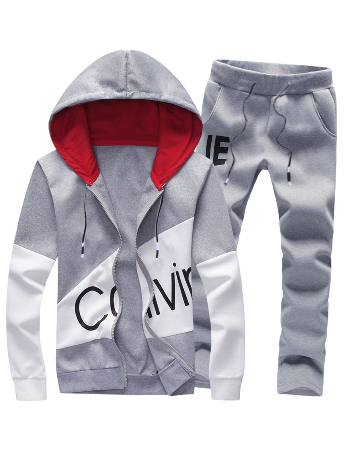 

Color Block Graphic Print Hoodie and Pants Twinset, Gray