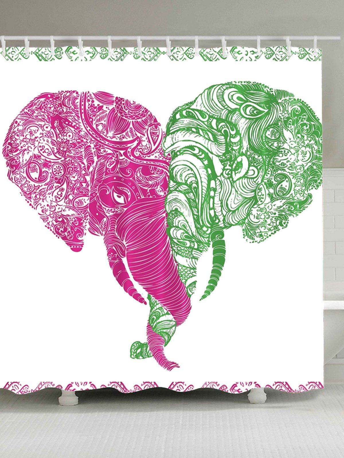 

Extra Long Artistic Elephants Print Shower Curtain, White