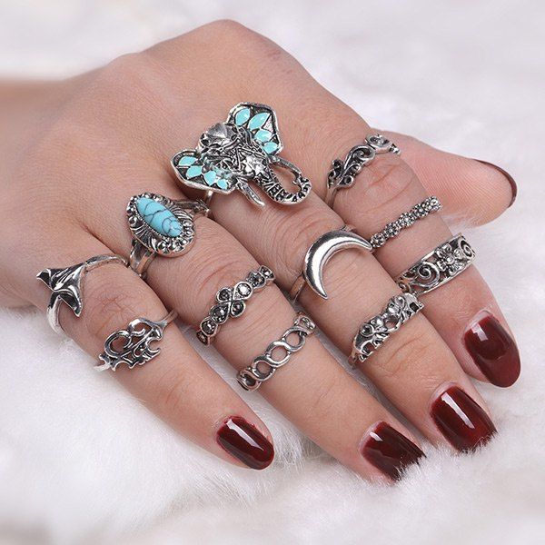 

Bohemian Flower Moon Elephant Ring Set, Silver