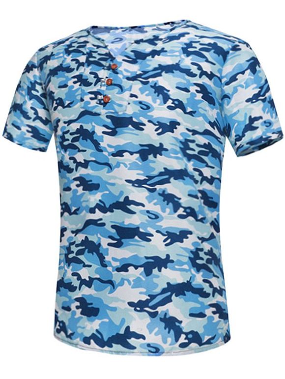 T-shirt Camo à Col Tunisien à Boutons Décoratifs - Bleu XL