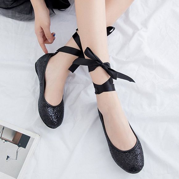 Sequined Tie Up Flat Shoes - Noir 37