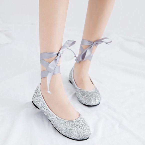 Sequined Tie Up Flat Shoes - Argent 37