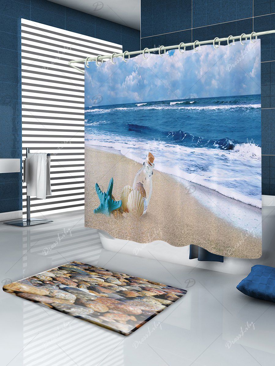 2018 Beach Ocean Print Fabric Bathroom Shower Curtain OCEAN BLUE W INCH