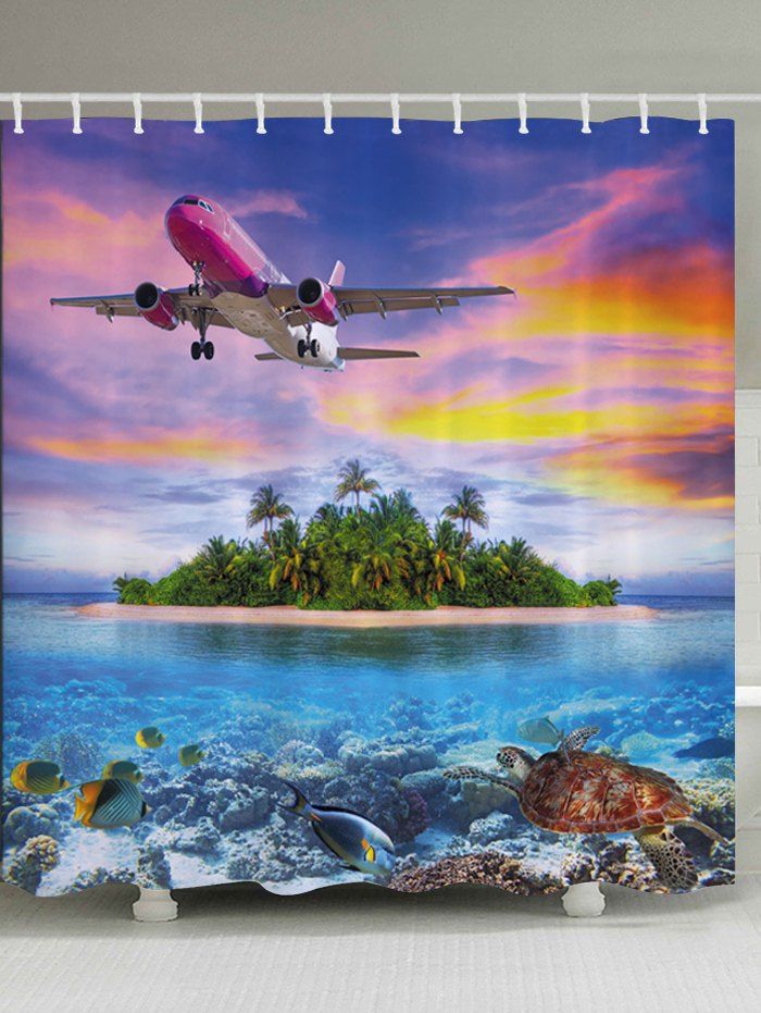 

Airplane Island Ocean Print Fabric Bathroom Shower Curtain, Colorful