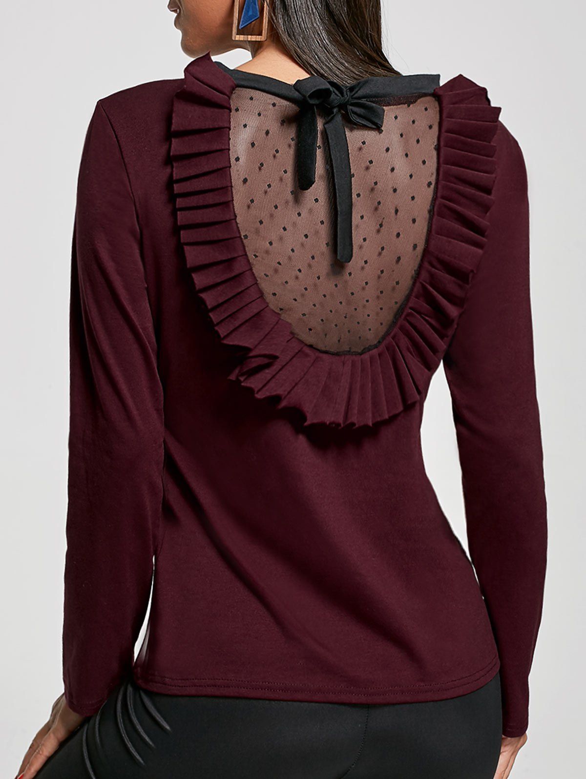 

Ruffle Back Mesh Panel Long Sleeve Top, Wine red