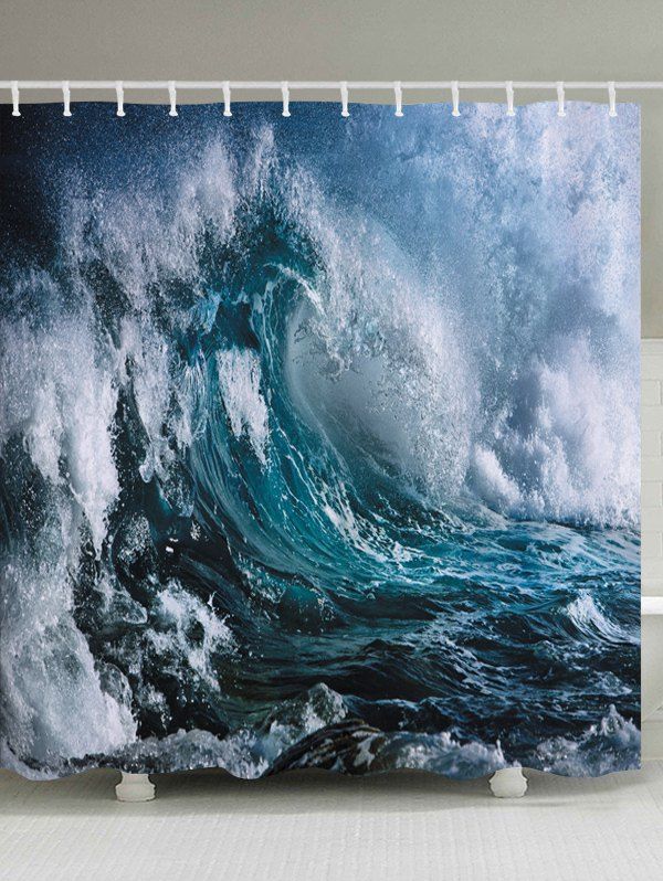

Ocean Wave Pattern Fabric Bathroom Shower Curtain, Ocean blue