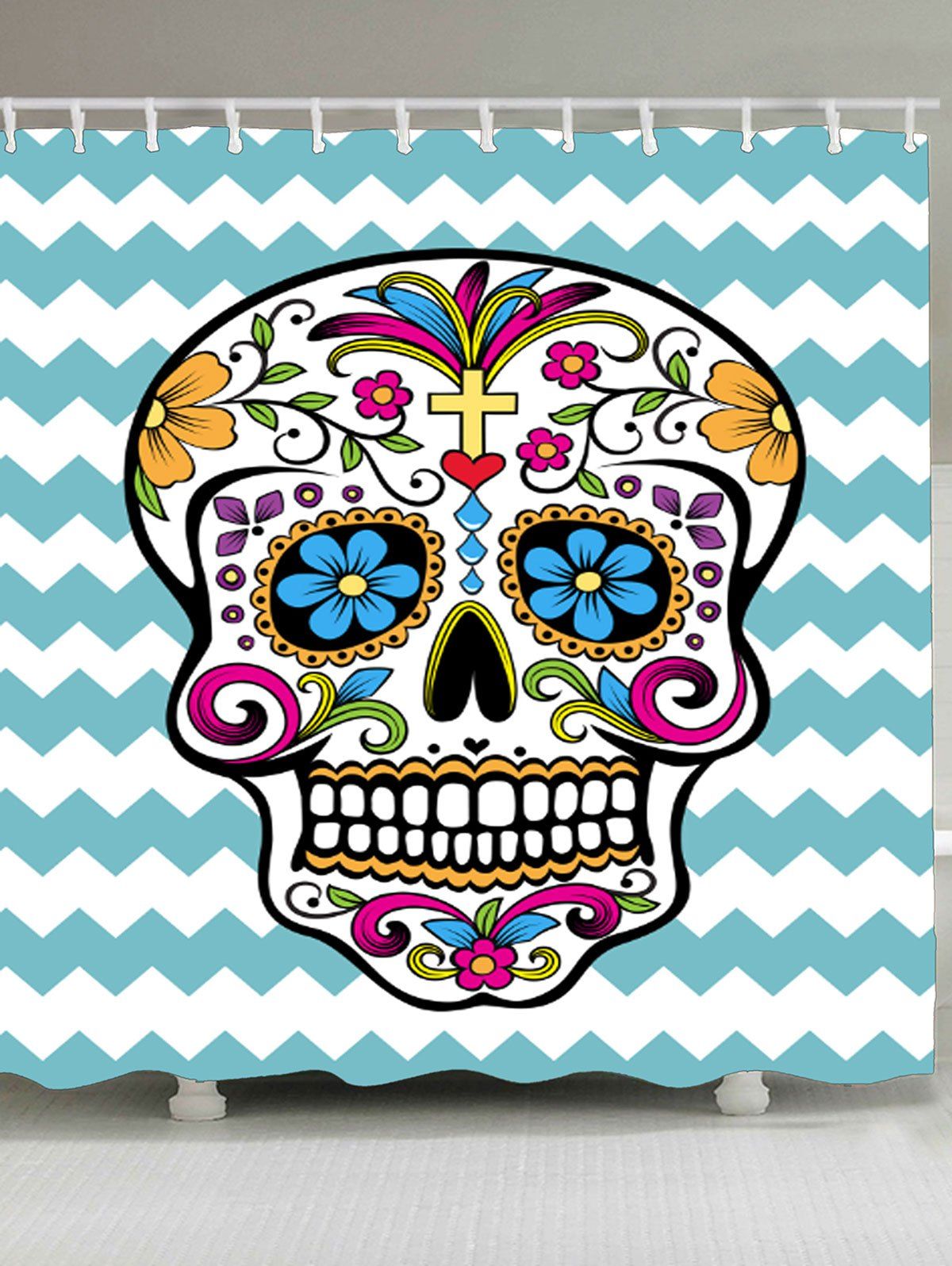 

Waterproof Zig Zag Skull Floral Print Shower Curtain, Colorful