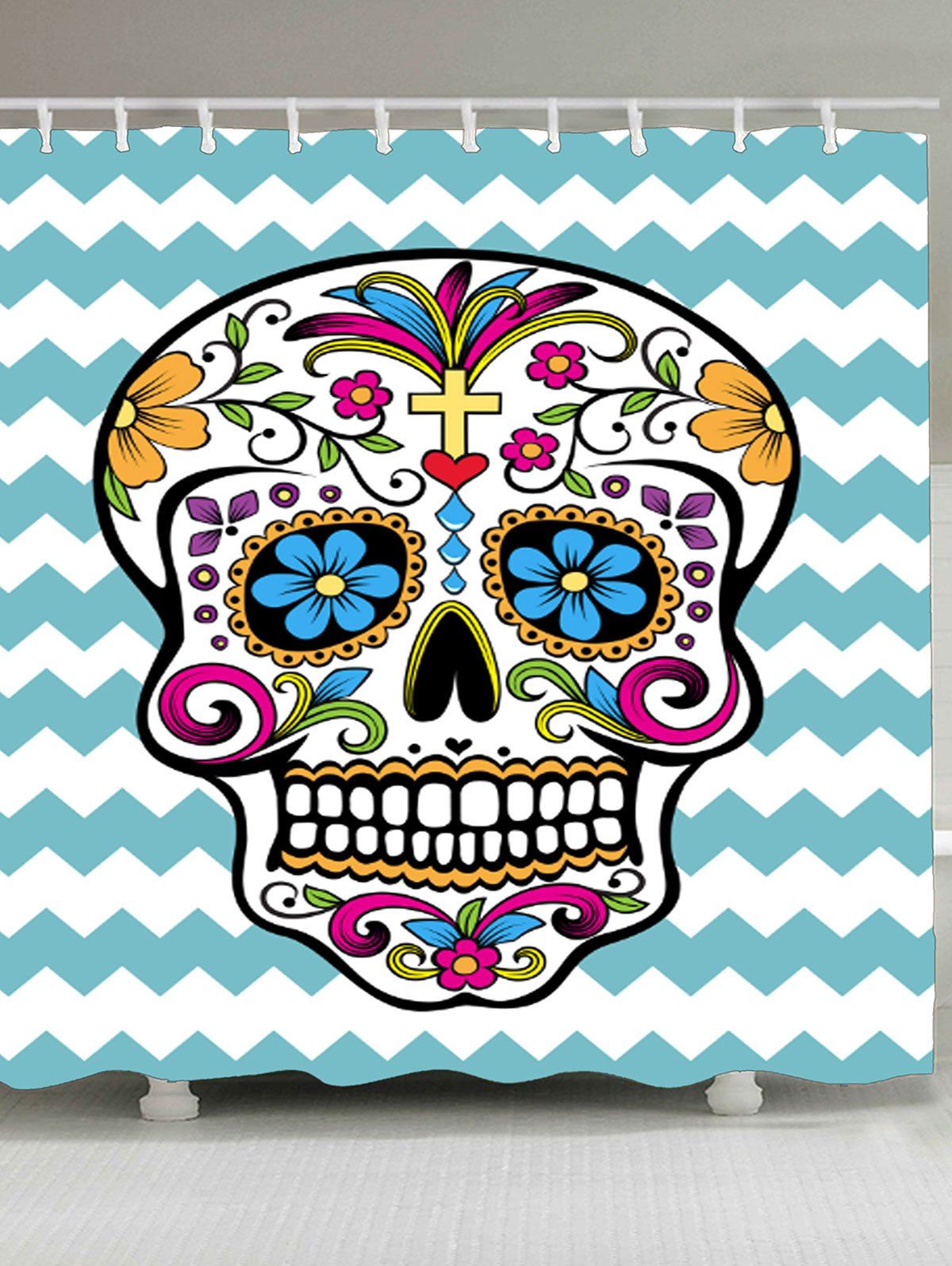 

Waterproof Zig Zag Skull Floral Print Shower Curtain, Colorful
