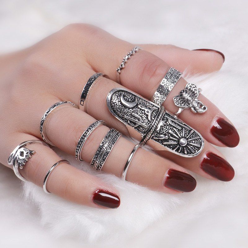 

Moon Elephant Sun Full Finger Ring Set, Silver