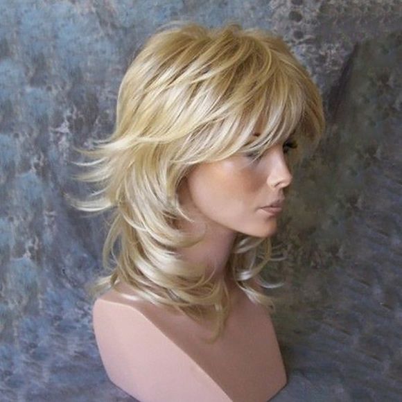 Perruque Cheveux Humain Frisée Légèrement Multi-couches à Raie sur le Côté - Brun d'Or avec Blonde 