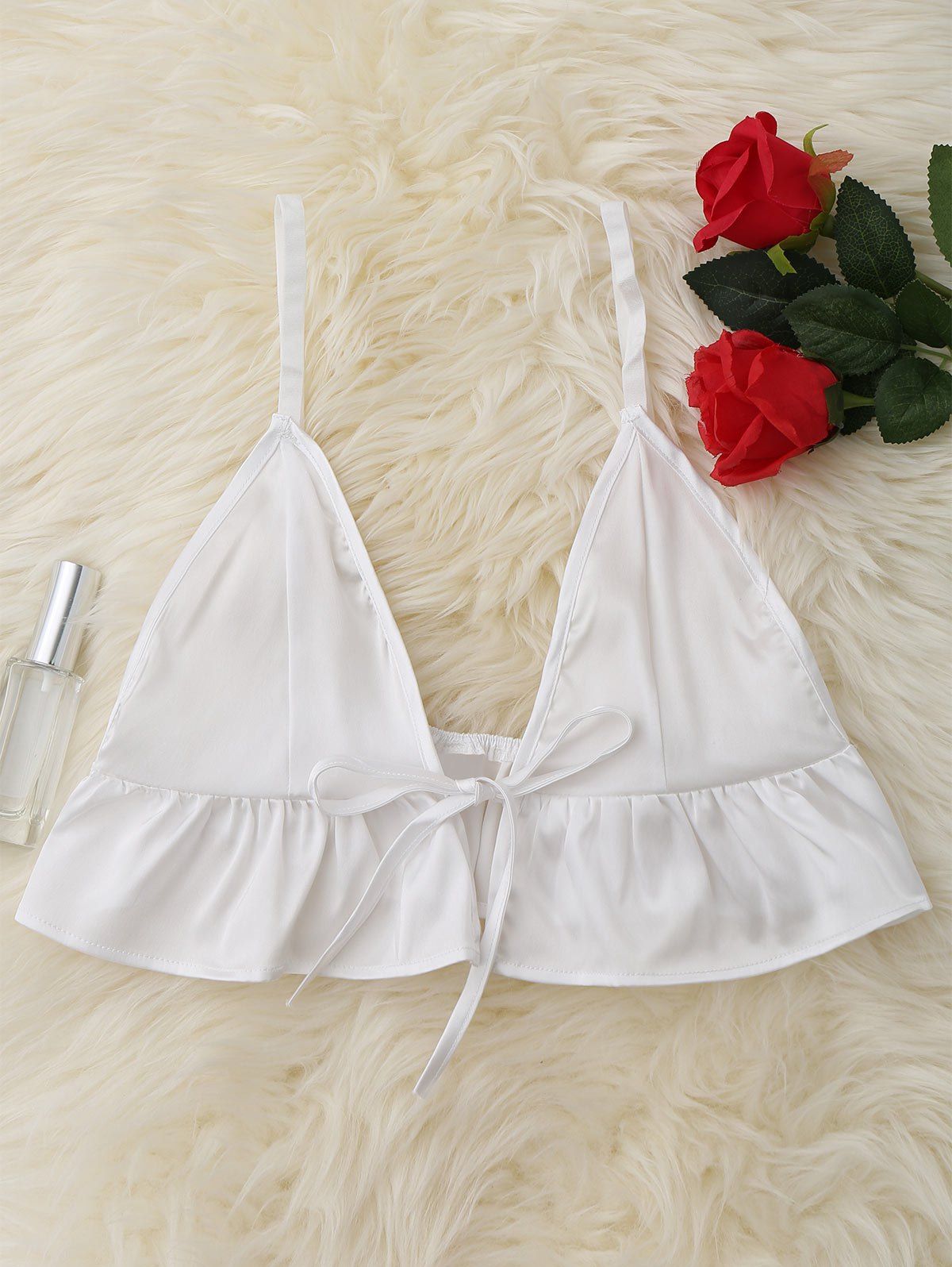 

Flounced Satin Bralette Top, White
