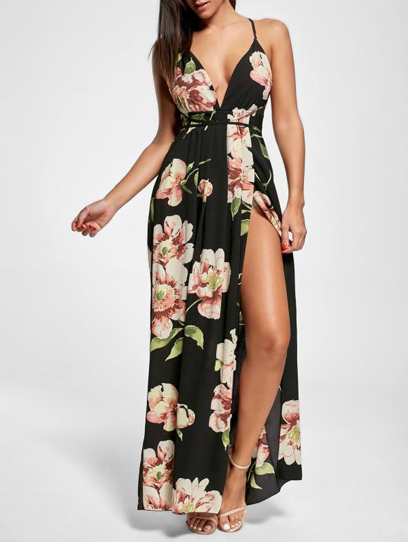 Floral Print Slit Open Back Maxi Dress - BLACK L