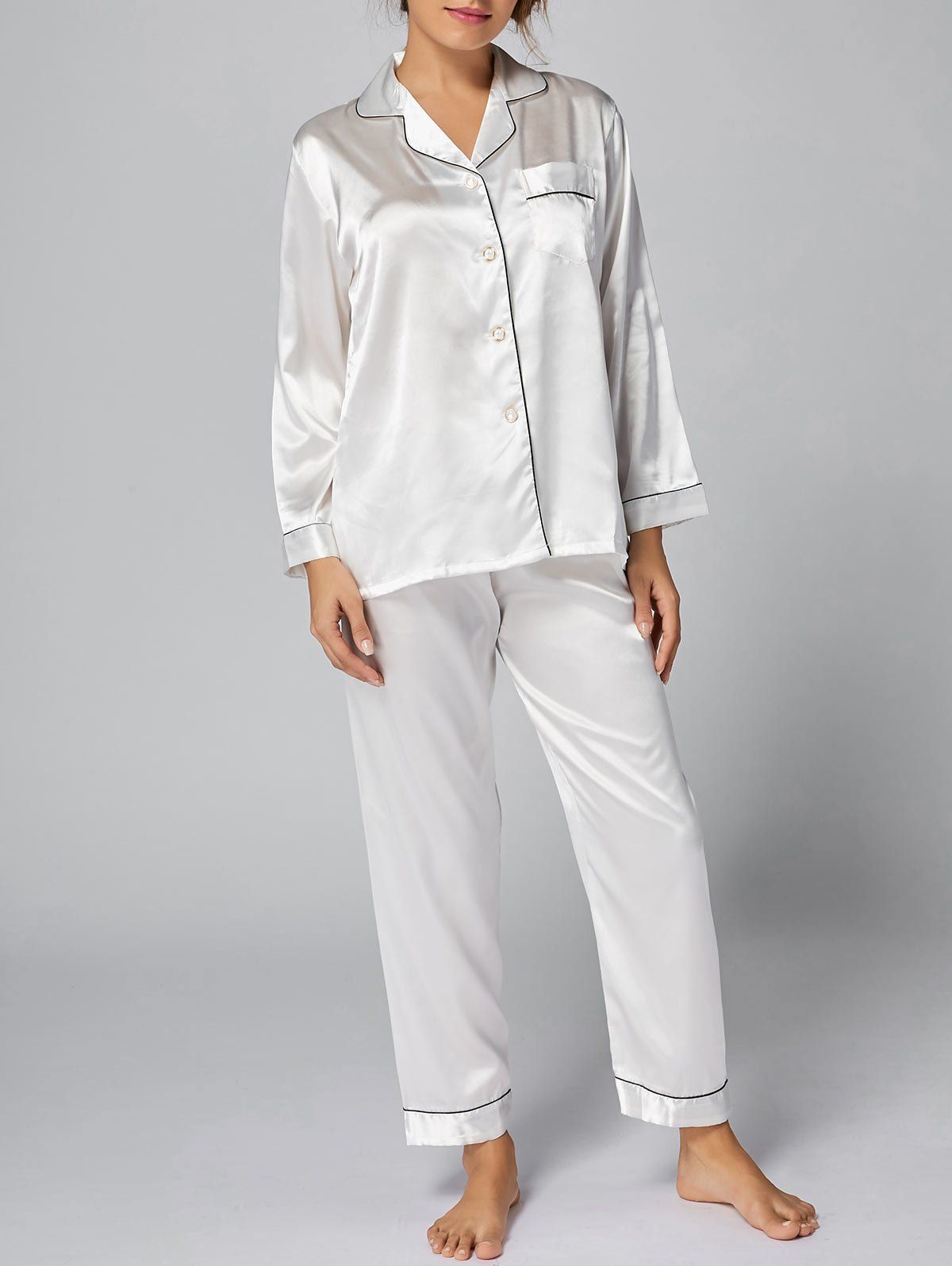 [41% OFF] 2021 Long Sleeve Satin Button Up Pajama Set In WHITE | DressLily