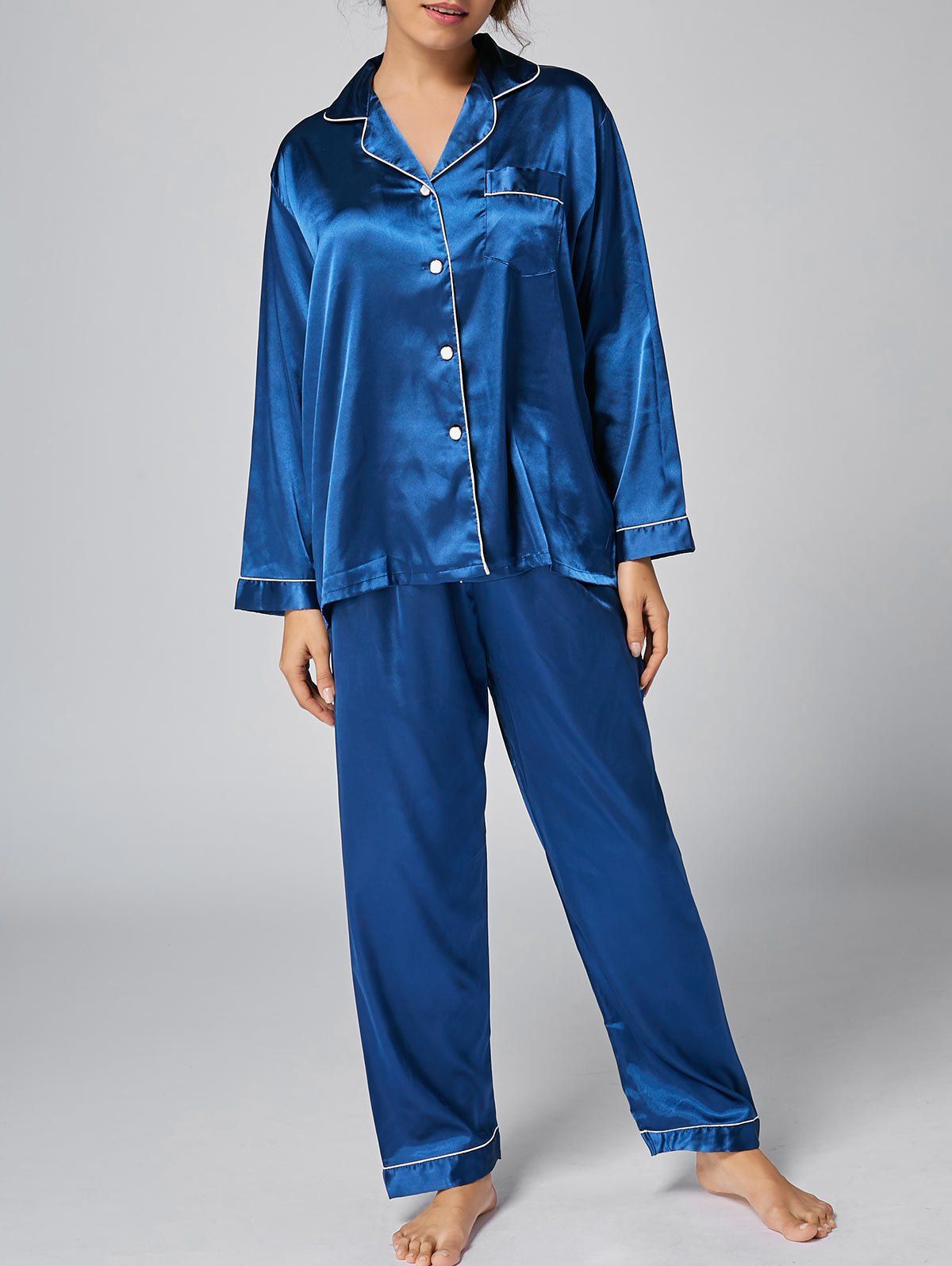 [41 OFF] 2021 Long Sleeve Satin Button Up Pajama Set In BLUE DressLily