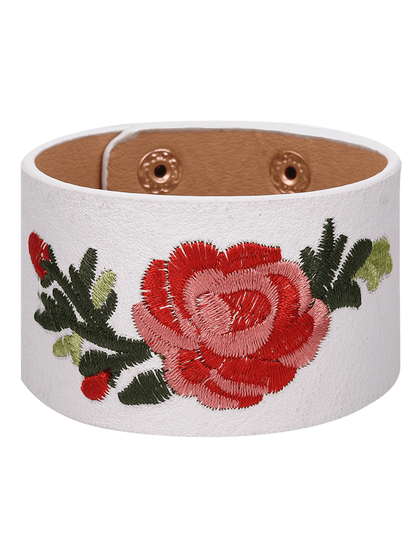 

Faux Leather Chinese Embroidery Flower Bracelet, White