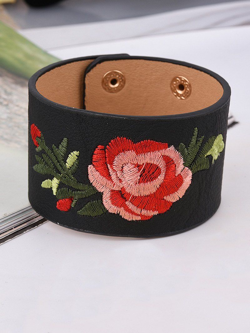 

Faux Leather Chinese Embroidery Flower Bracelet, Black