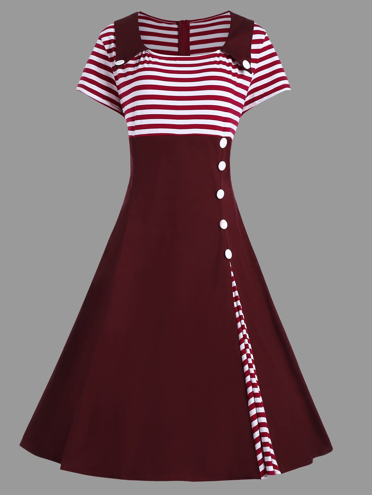 

Striped A Line Plus Size Vintage Dress, Wine red