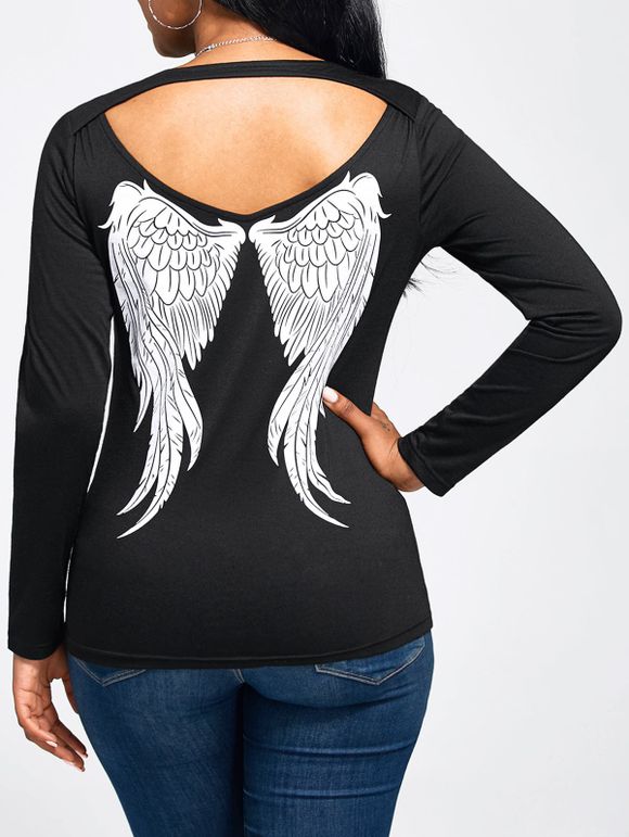 Angel Wings imprimé à découper T-shirt à manches longues - Noir 2XL