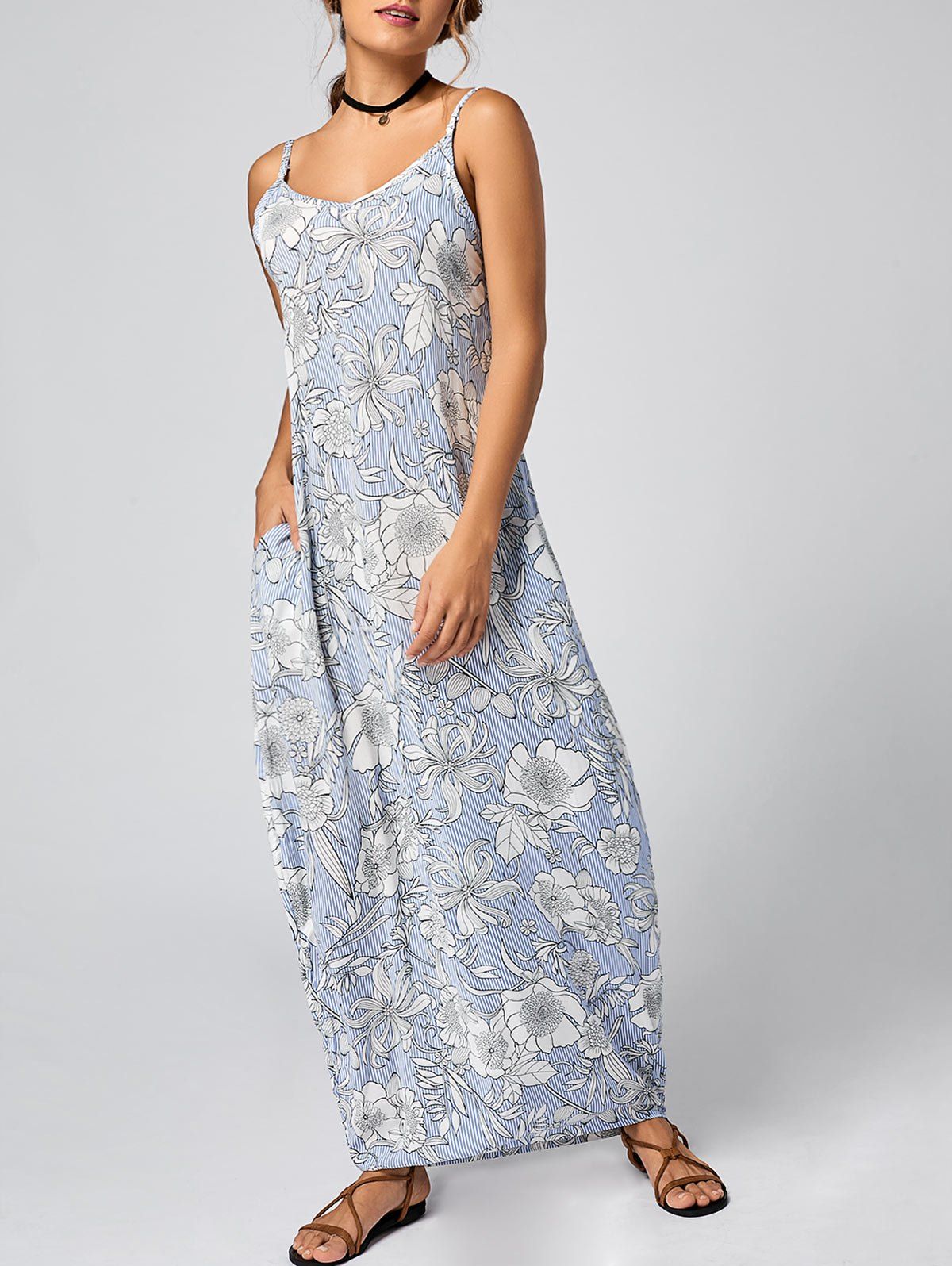 

Floral Striped Maxi Slip Dress, Light blue