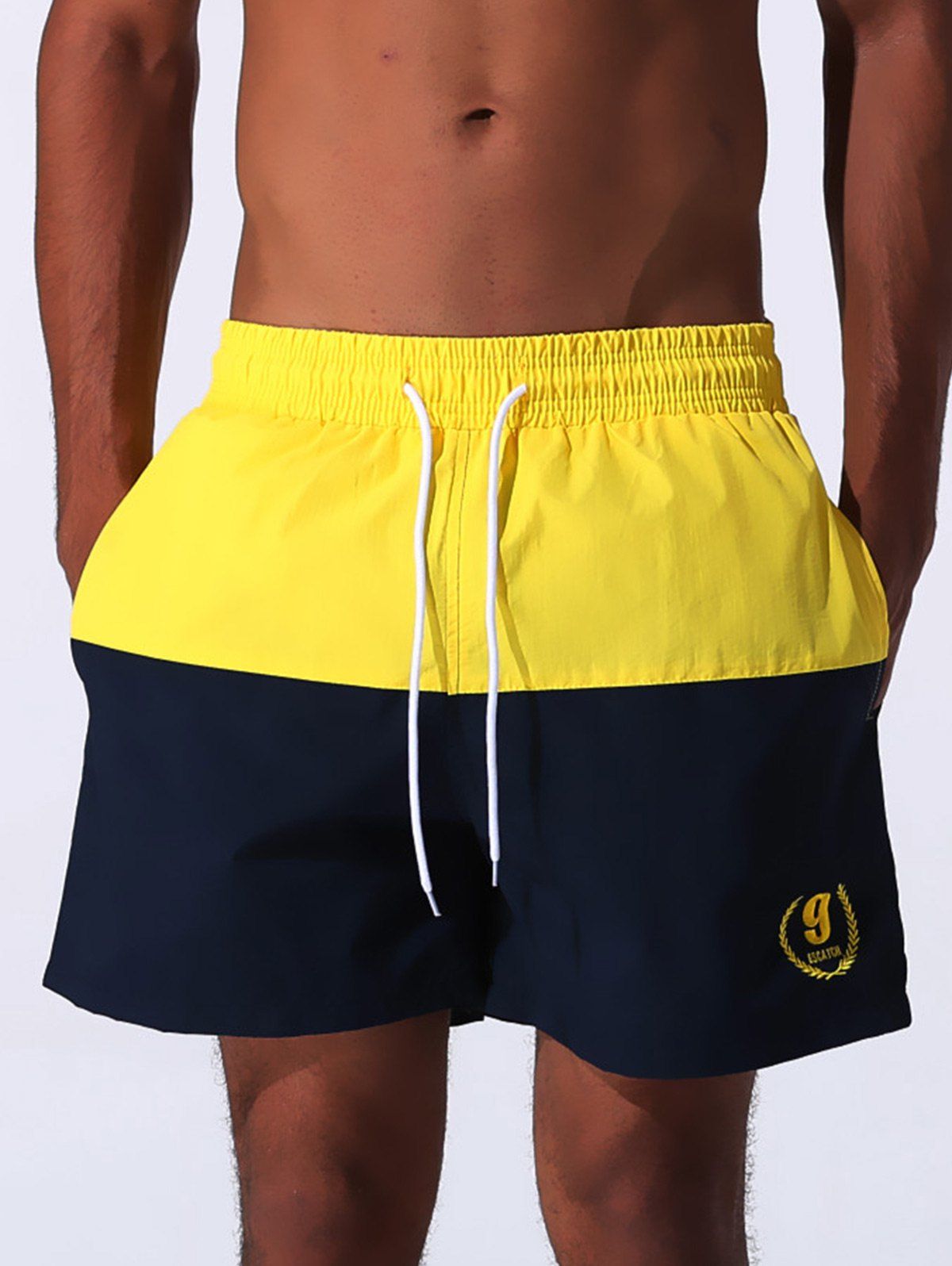 

Drawstring Embroidered Color Block Panel Board Shorts, Yellow