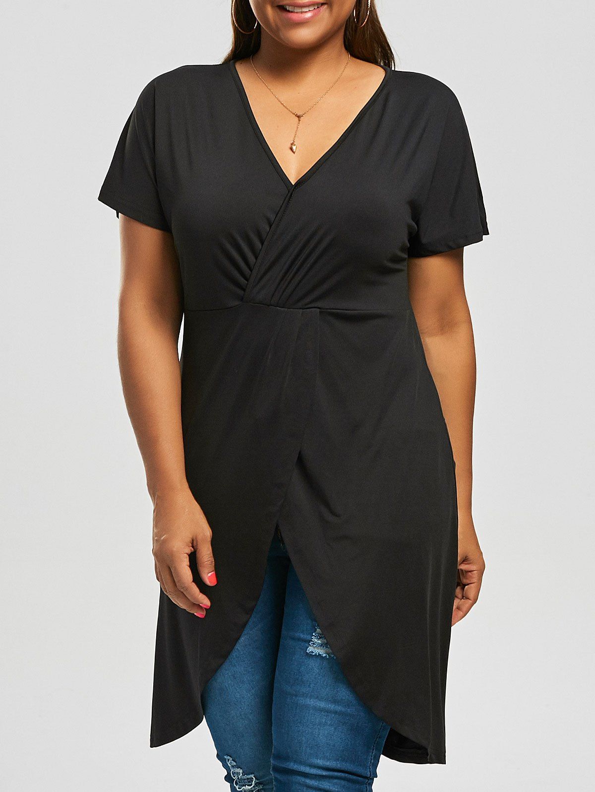 

Plus Size V Neck Long Front Slit Top, Black