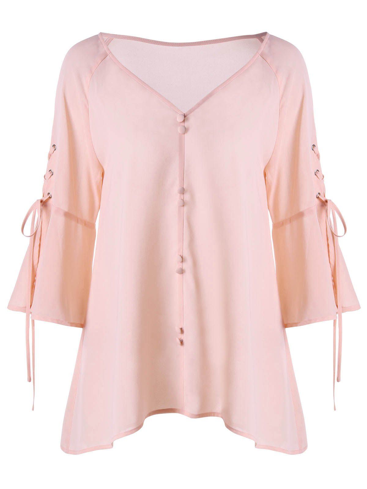 

V Neck Lace Up Buttoned Blouse, Pink