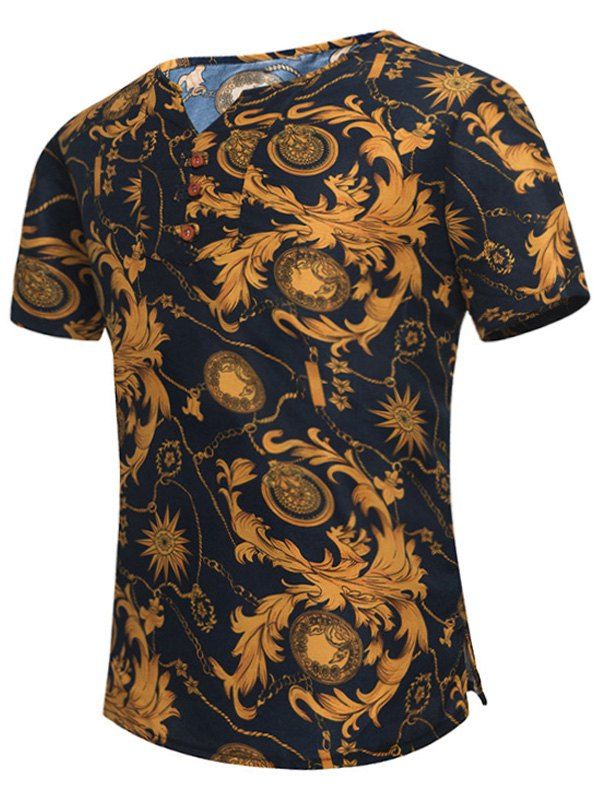 

Notch Neck Retro Leaves Print Tee, Colormix
