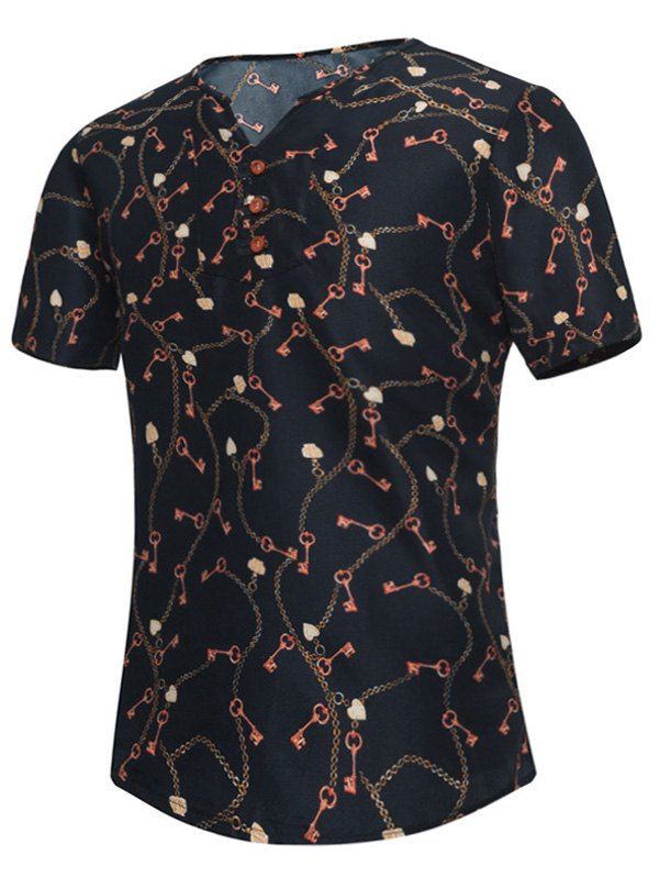 

Button Embellished Key Print Notch Neck Tee, Purplish blue