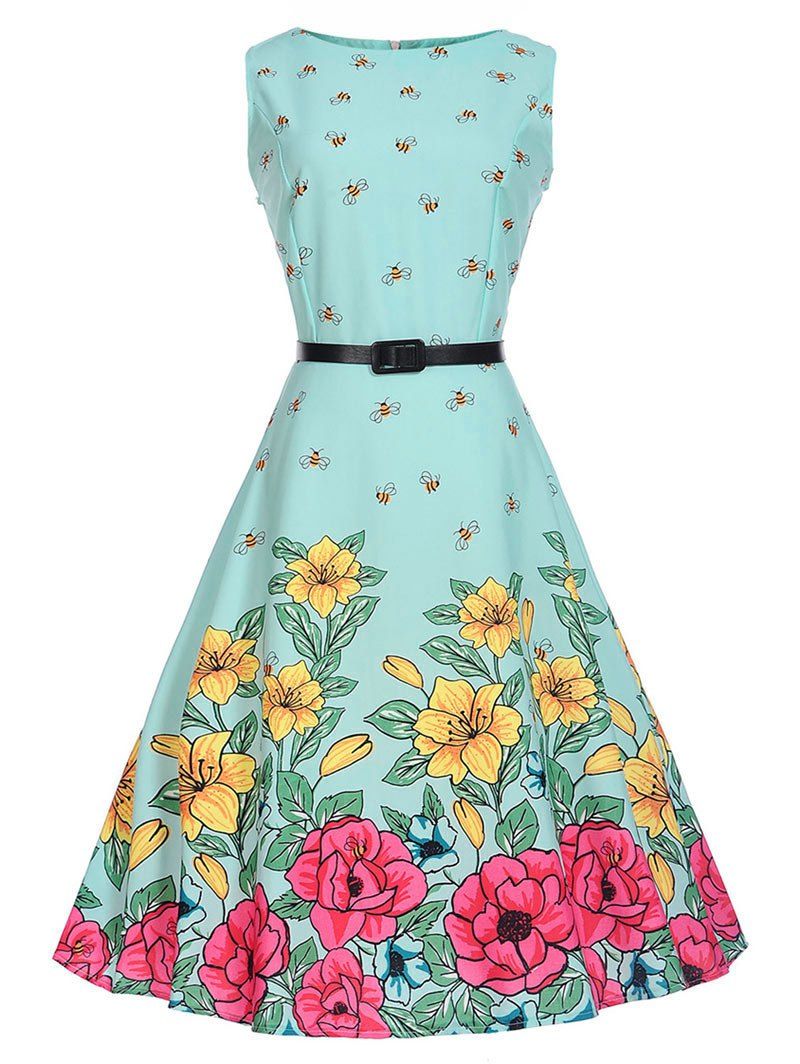 [17% OFF] 2021 Bees Floral A Line Sleeveless Vintage Dress In MINT ...