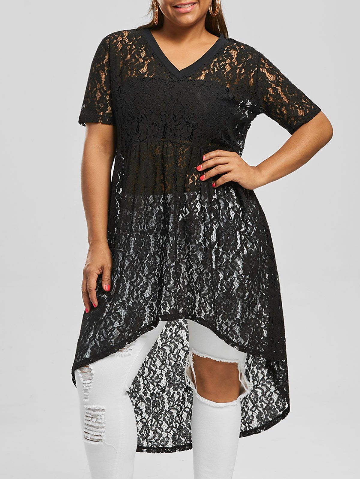 

V Neck High Low Lace Plus Size Top, Black