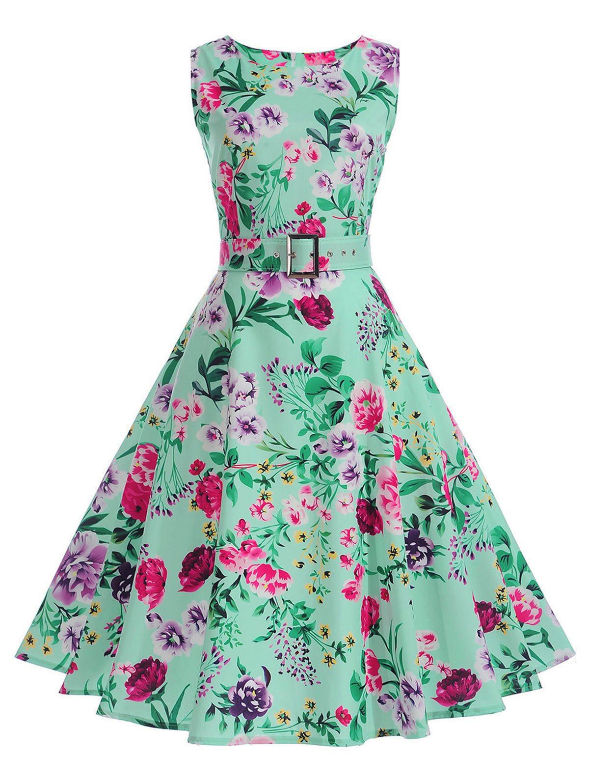 [41% OFF] 2021 Sleeveless A Line Floral Vintage Dress In MINT | DressLily