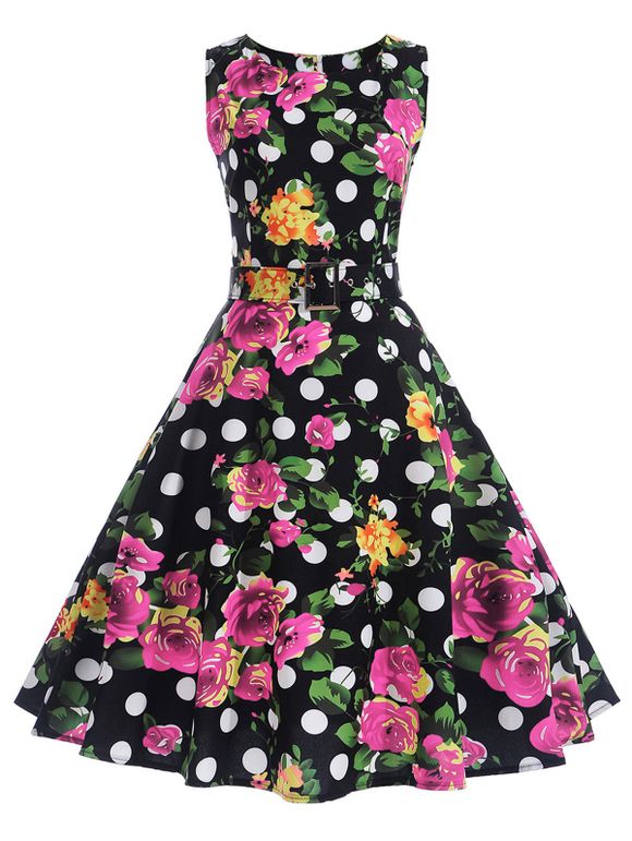 Polka Dot Floral A Line Vintage Dress - BLACK M