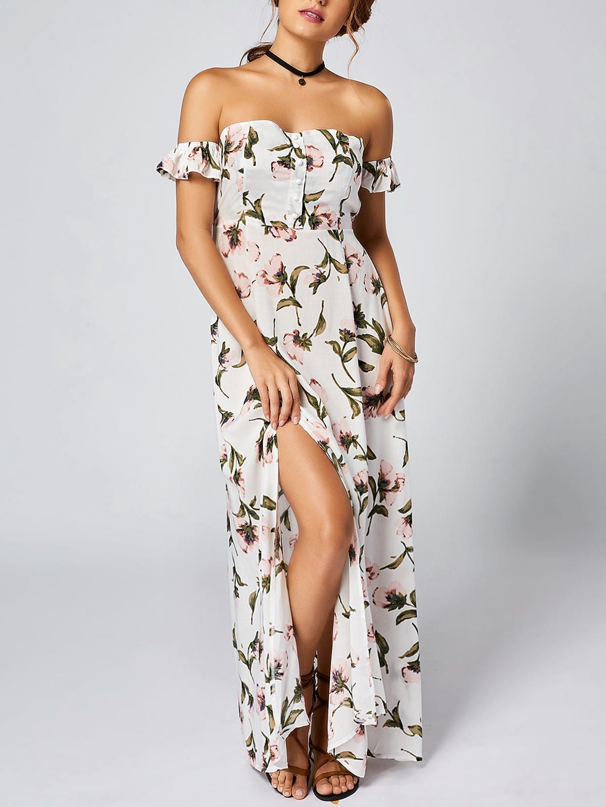 

High Slit Floral Off Shoulder Bandeau Dress, White