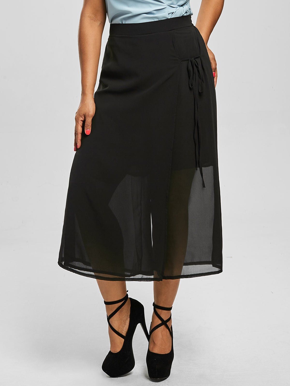 

Chiffon Plus Size Wide Leg Culottes Pants, Black