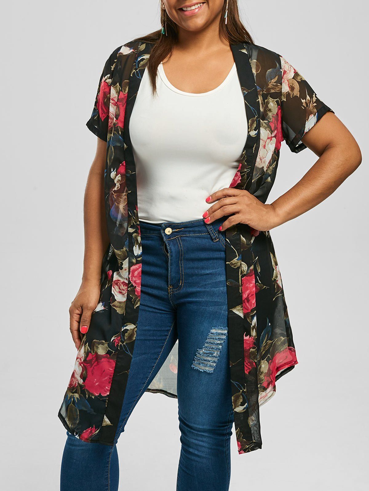

Floral Plus Size Long Kimono Top, Black