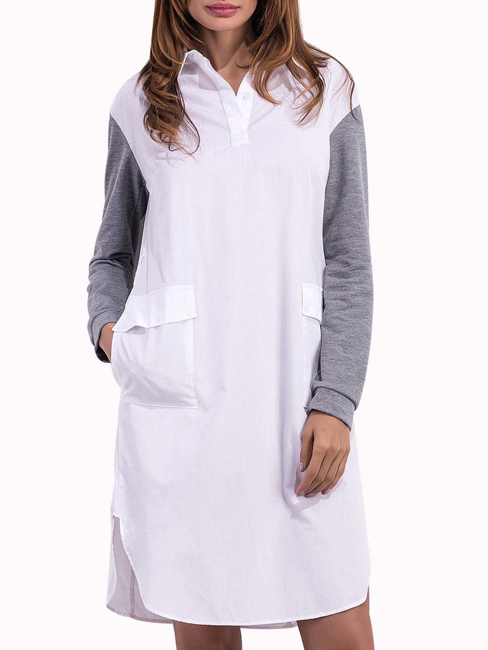 

Long Sleeve Button Down Mini Shift Dress, White