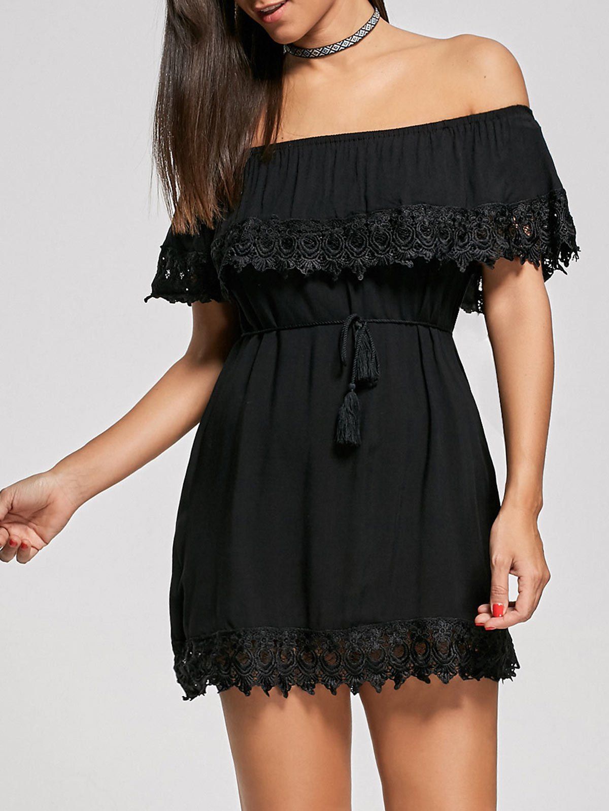 

Lace Insert Off The Shoulder Mini Dress, Black