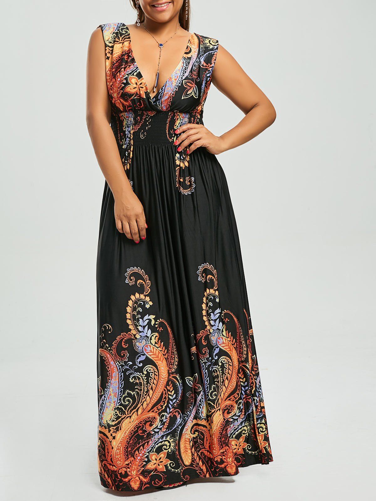 [17% OFF] 2021 Paisley Plus Size Plunge V Neck Maxi Bohemian Dress In