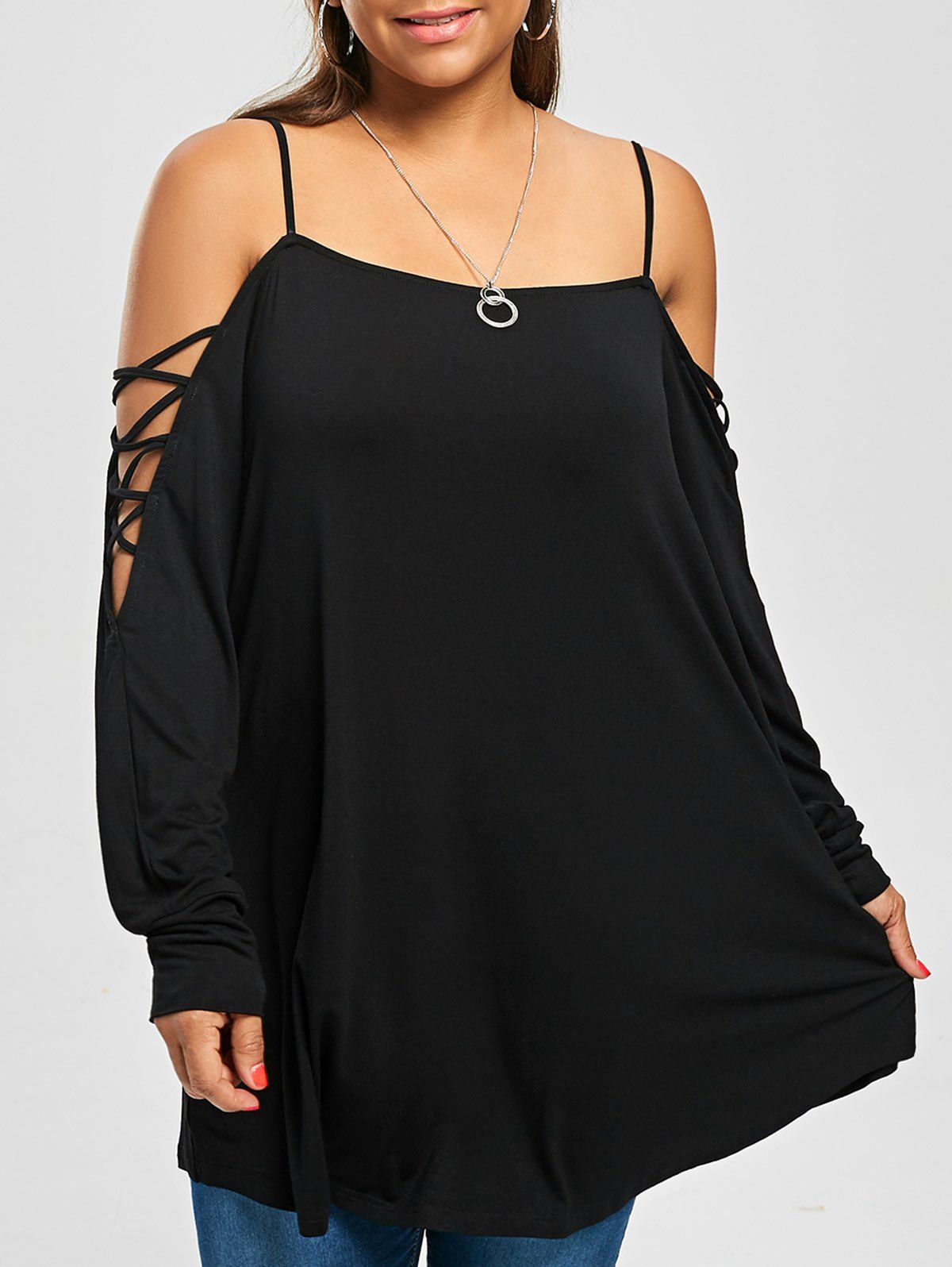 

Plus Size Criss Cross Cold Shoulder Long T-shirt, Black