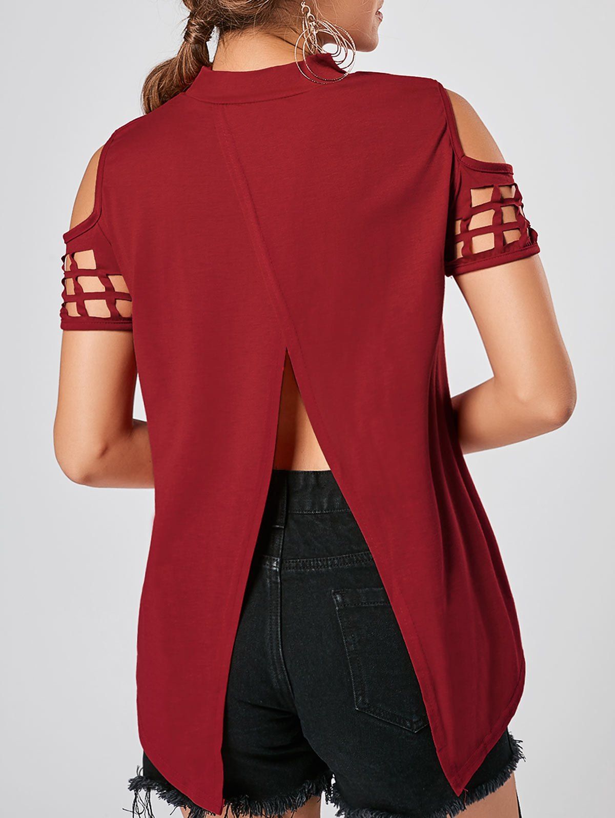 

Cold Shoulder Cut Out Back Slit Top, Red