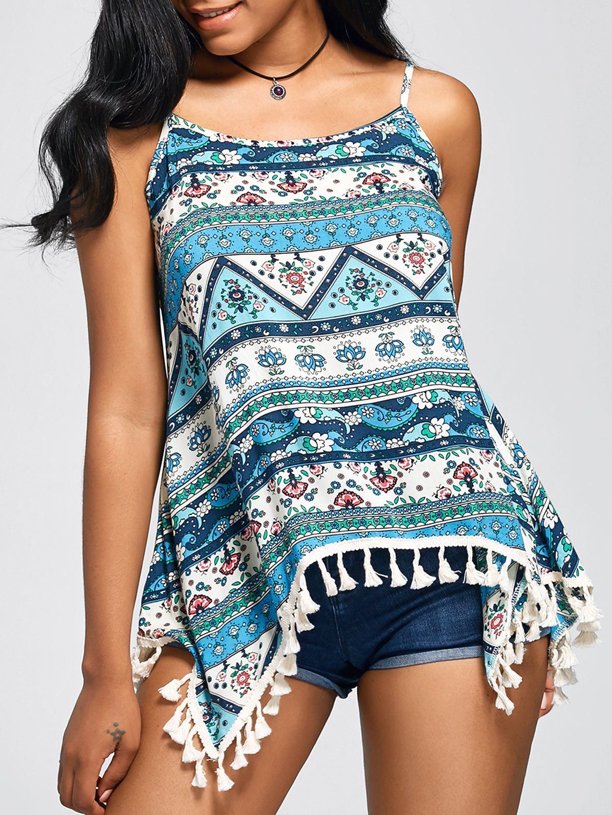 

Asymmetrical Cami Tank Top with Ethnic Print, Colormix