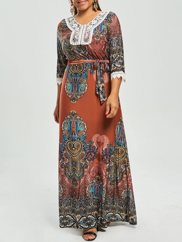 Robe Longue à Imprimé Gypsy Grande Taille avec Manches - Rouge 6XL