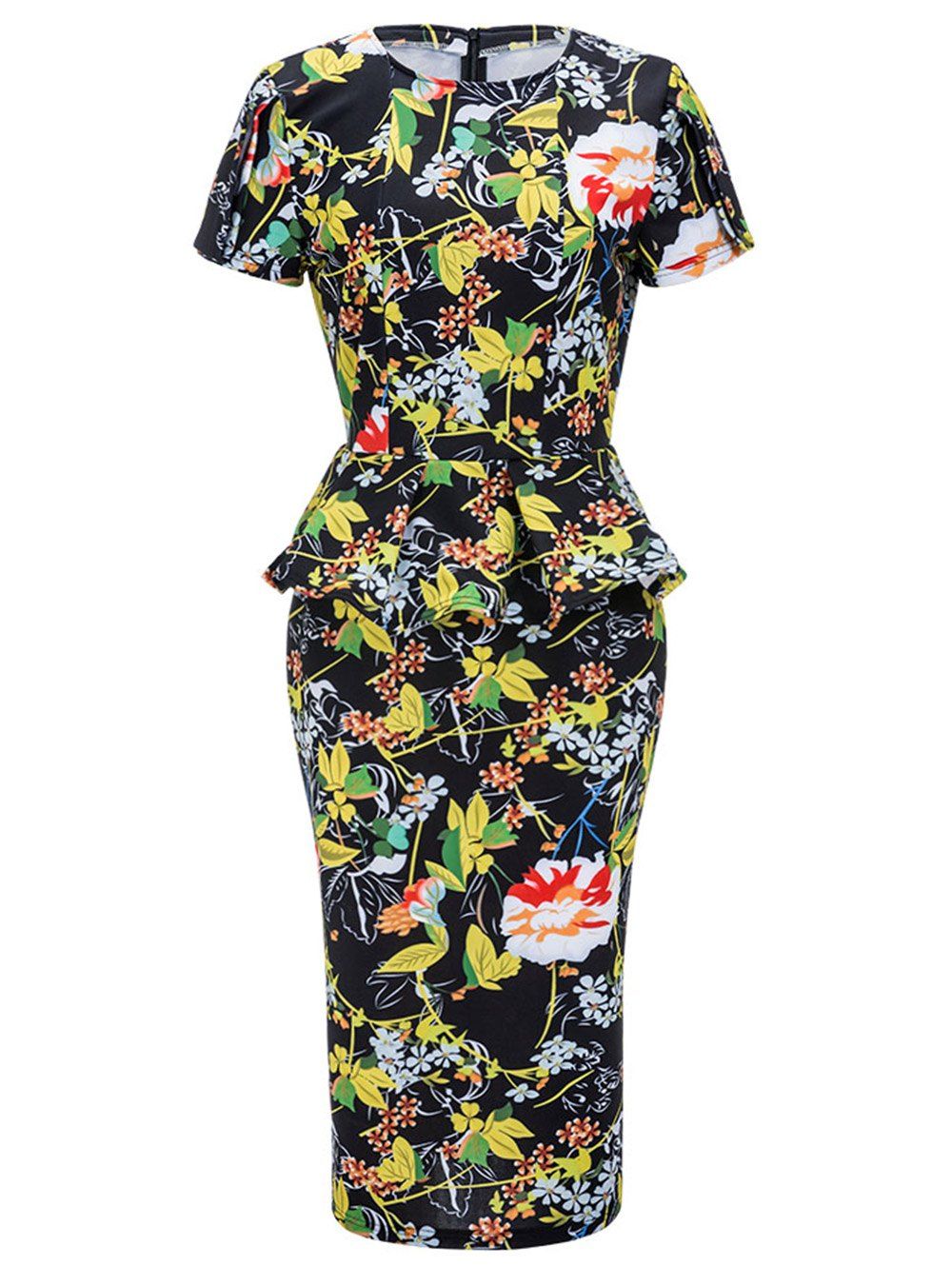 

Floral Print Peplum Dress, Black