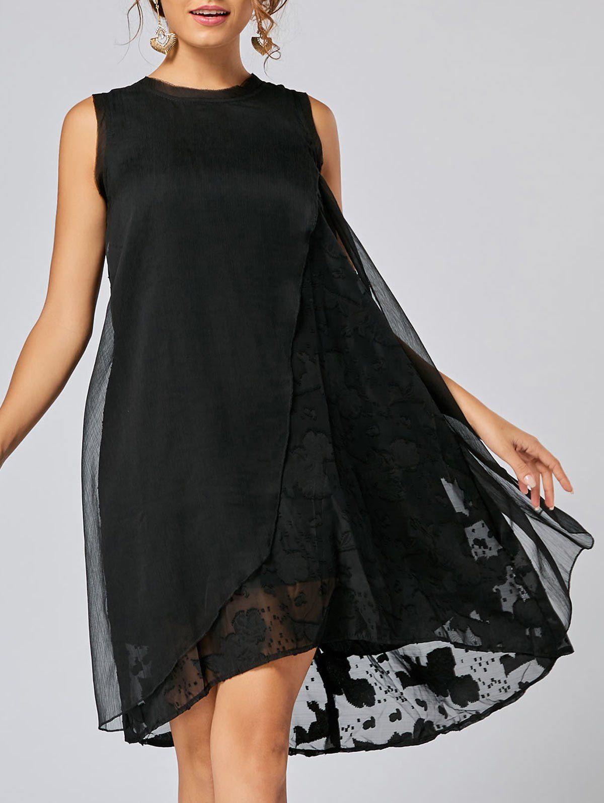 

Tiered Mesh Asymmetric Tank Dress, Black