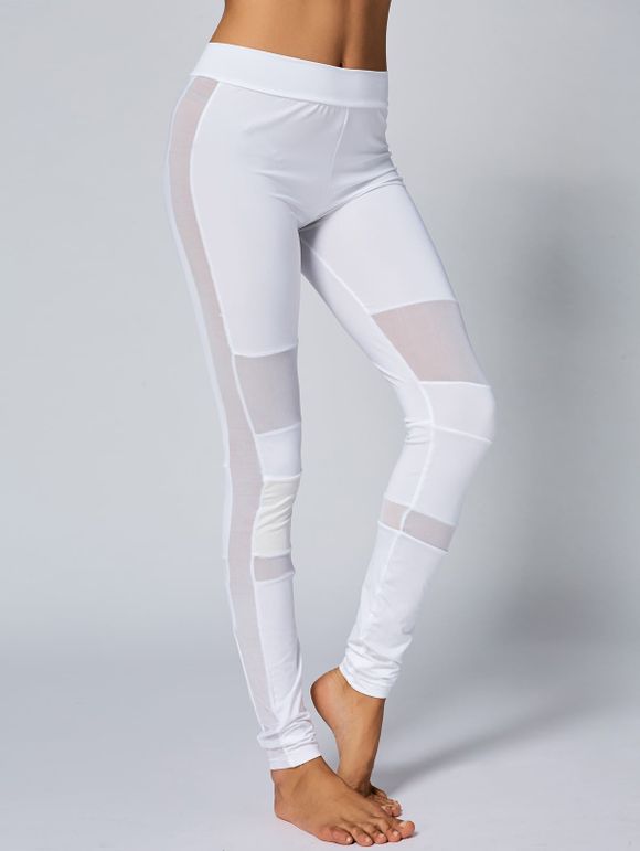 Legging de Yoga à Empiècement en Tulle à Taille Haute - Blanc XL