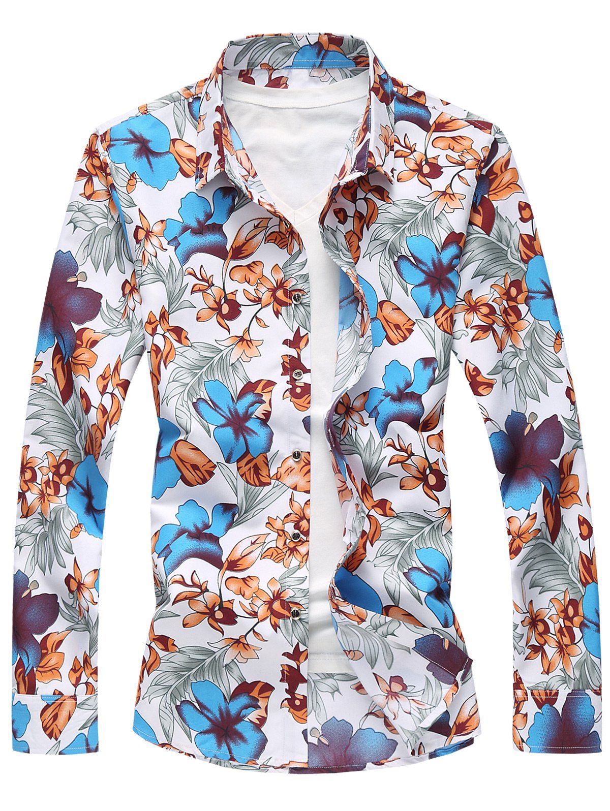 

Plus Size Flowers and Leaves Print Long Sleeve Shirt, Blue